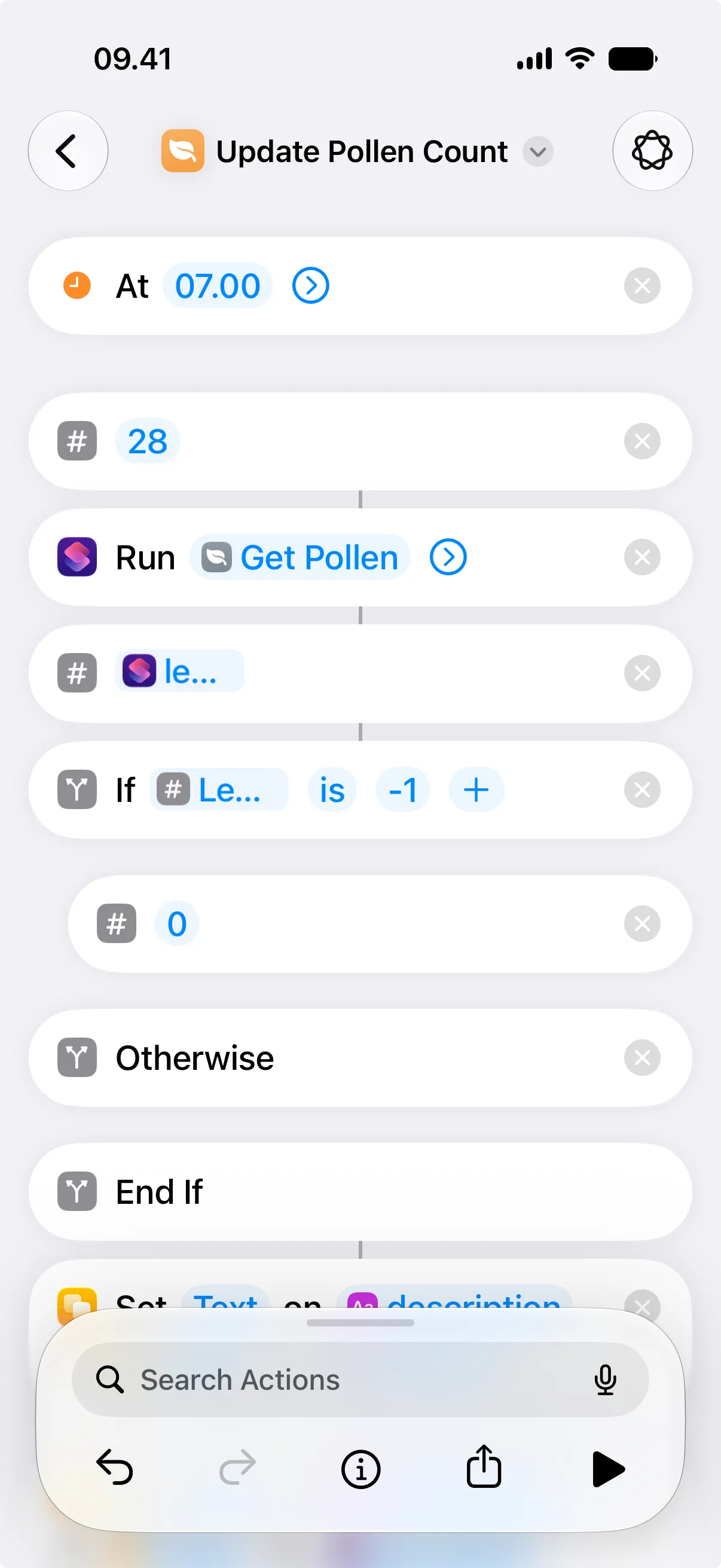 A Shortcuts time-of-day automation set to run every morning at 07:00.
