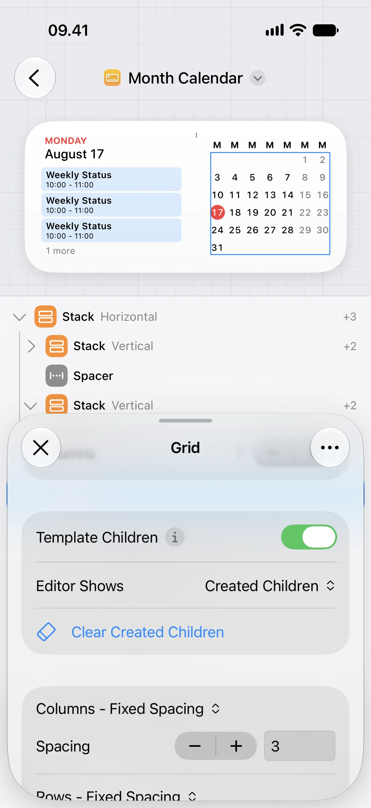 The grid inspector showing Editor Shows set to Created Children for the filled month calendar.
