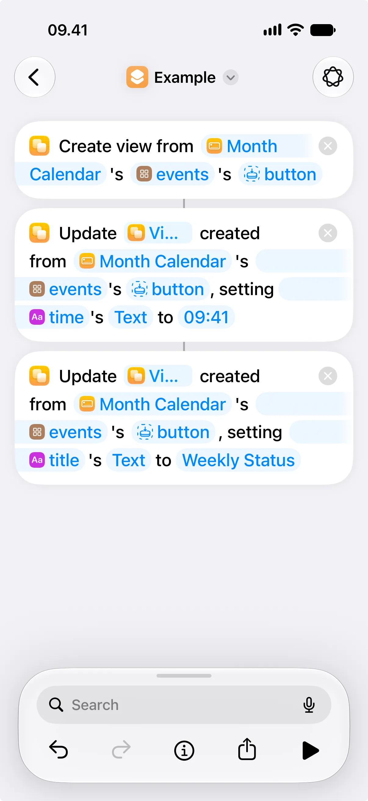 A shortcut that creates a view from a template, then updates the created view twice in sequence.
