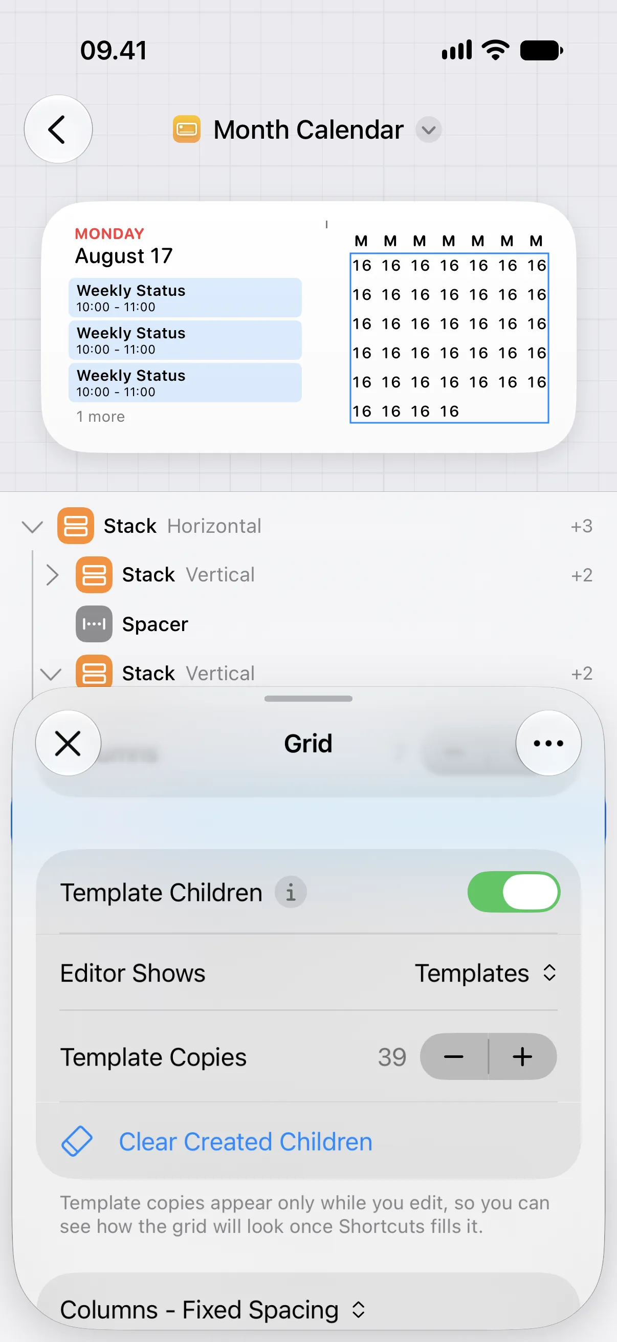 The grid inspector showing Template Children turned on, Editor Shows set to Templates, and Template Copies set to 39.
