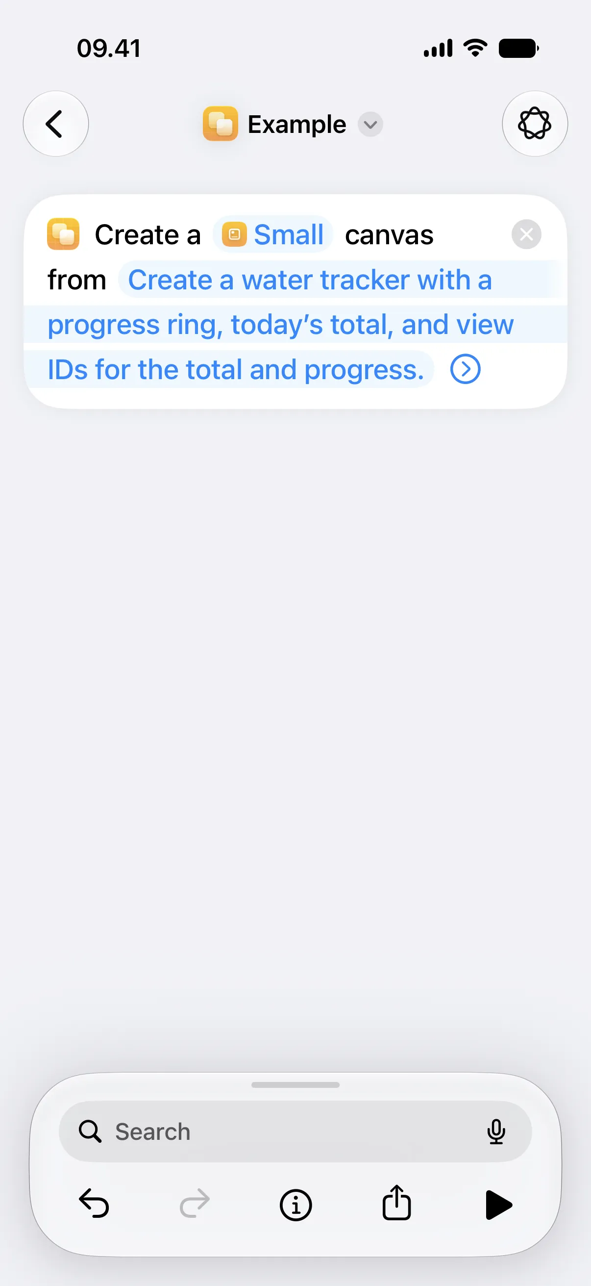 The Create Canvas action in Shortcuts configured to create a water tracker.