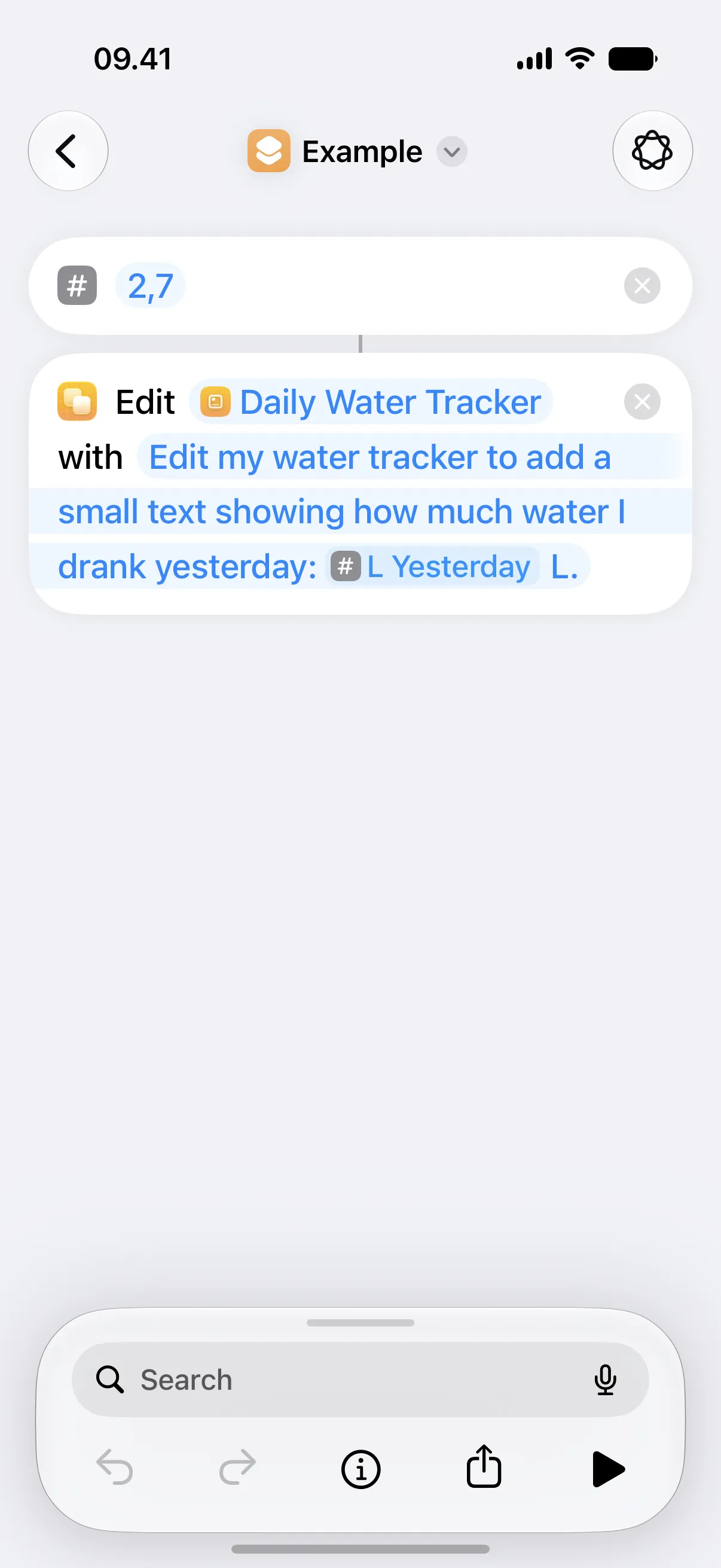 The Edit Canvas action in Shortcuts configured to edit a water tracker.