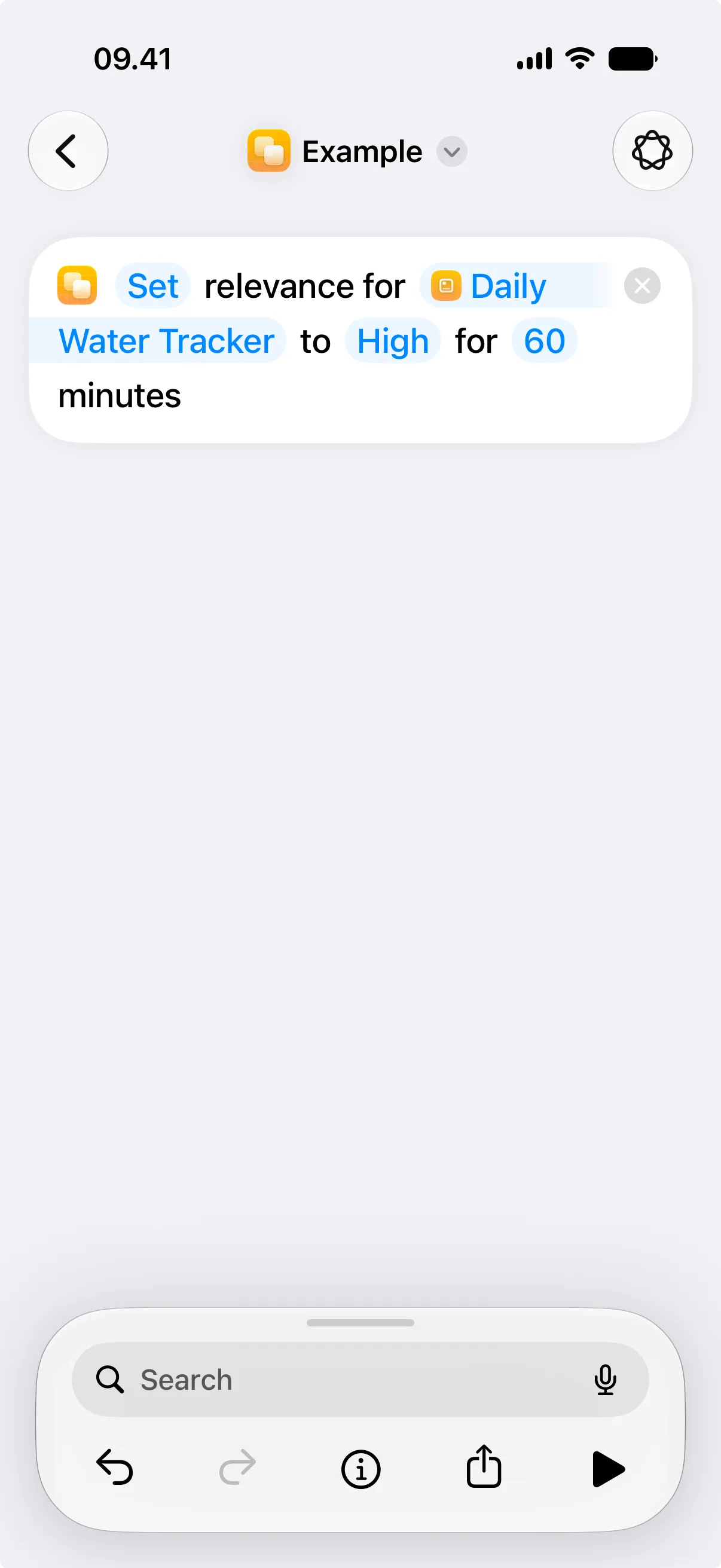 The Set Widget Relevance action in Shortcuts configured for a daily water tracker.