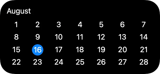 A medium widget showing an August month overview in a seven-column grid.