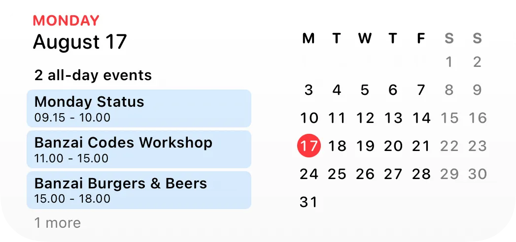 Month calendar canvas showing August with the current day highlighted and events for the day.
