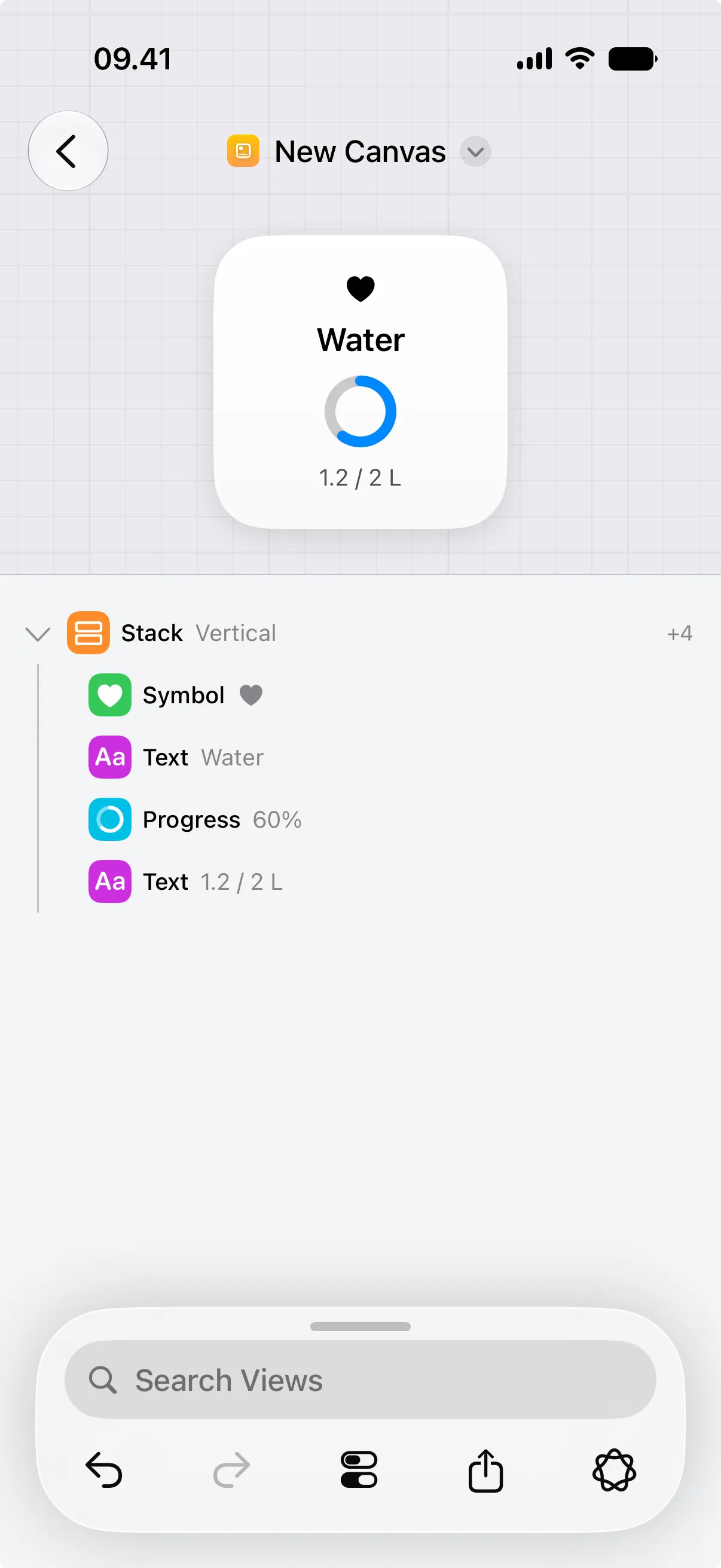 A canvas with a stack unfolded in the view list, showing its child views.