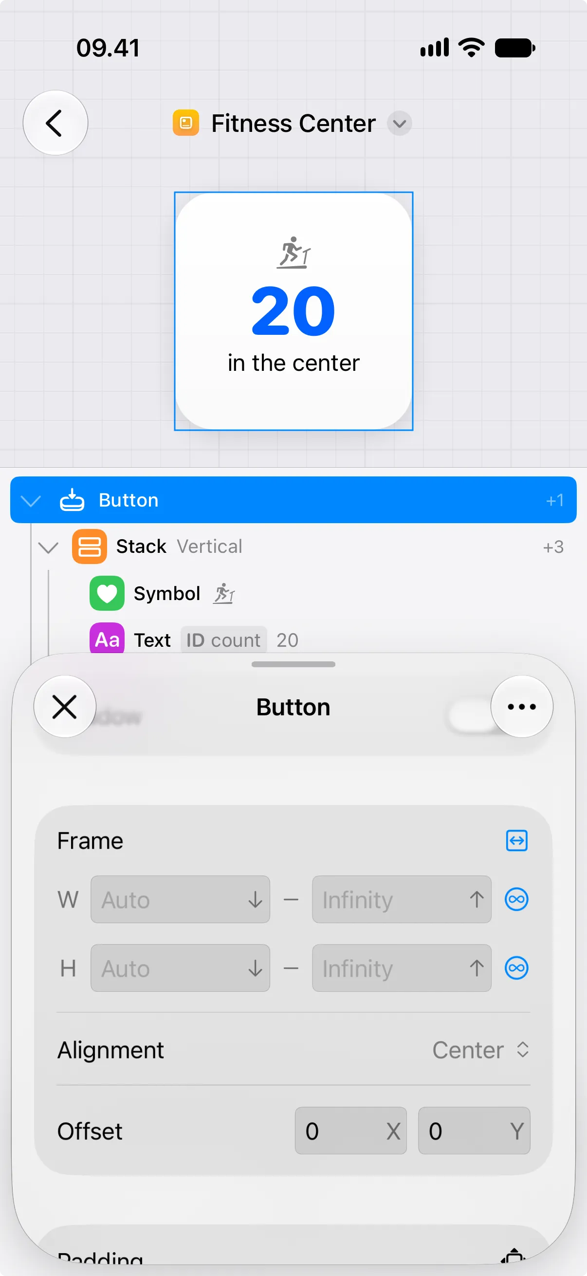 The button Frame setting in Canvases with width and height set to Infinity.