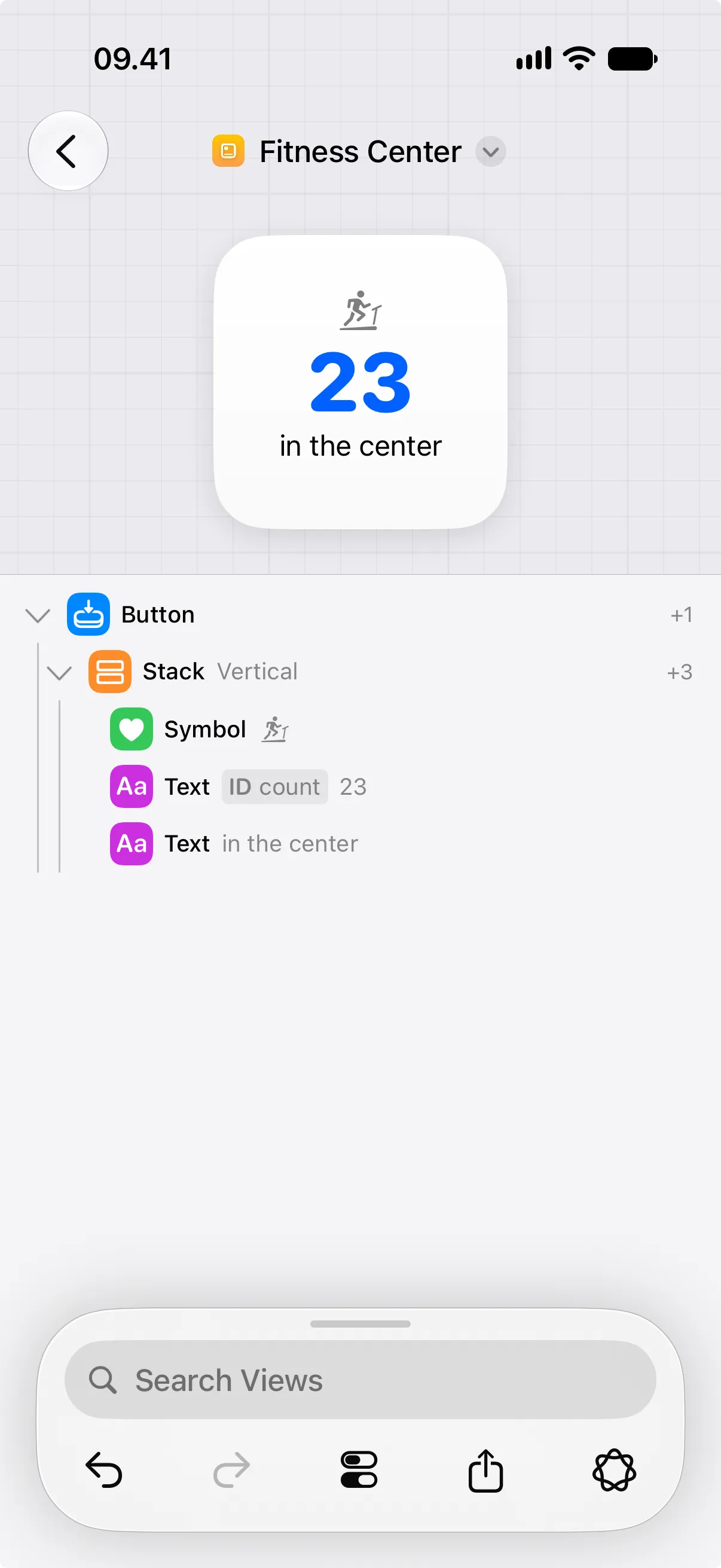 The Canvases view list with a button as the parent of a stack, symbol, and text views.