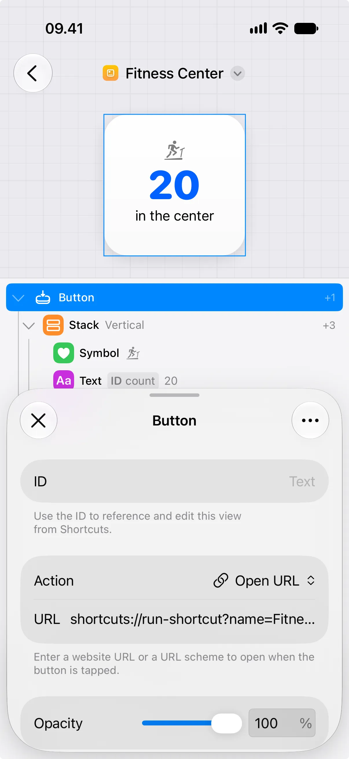 A selected button view in Canvases with Action set to Open URL and URL set to a shortcuts run-shortcut URL.