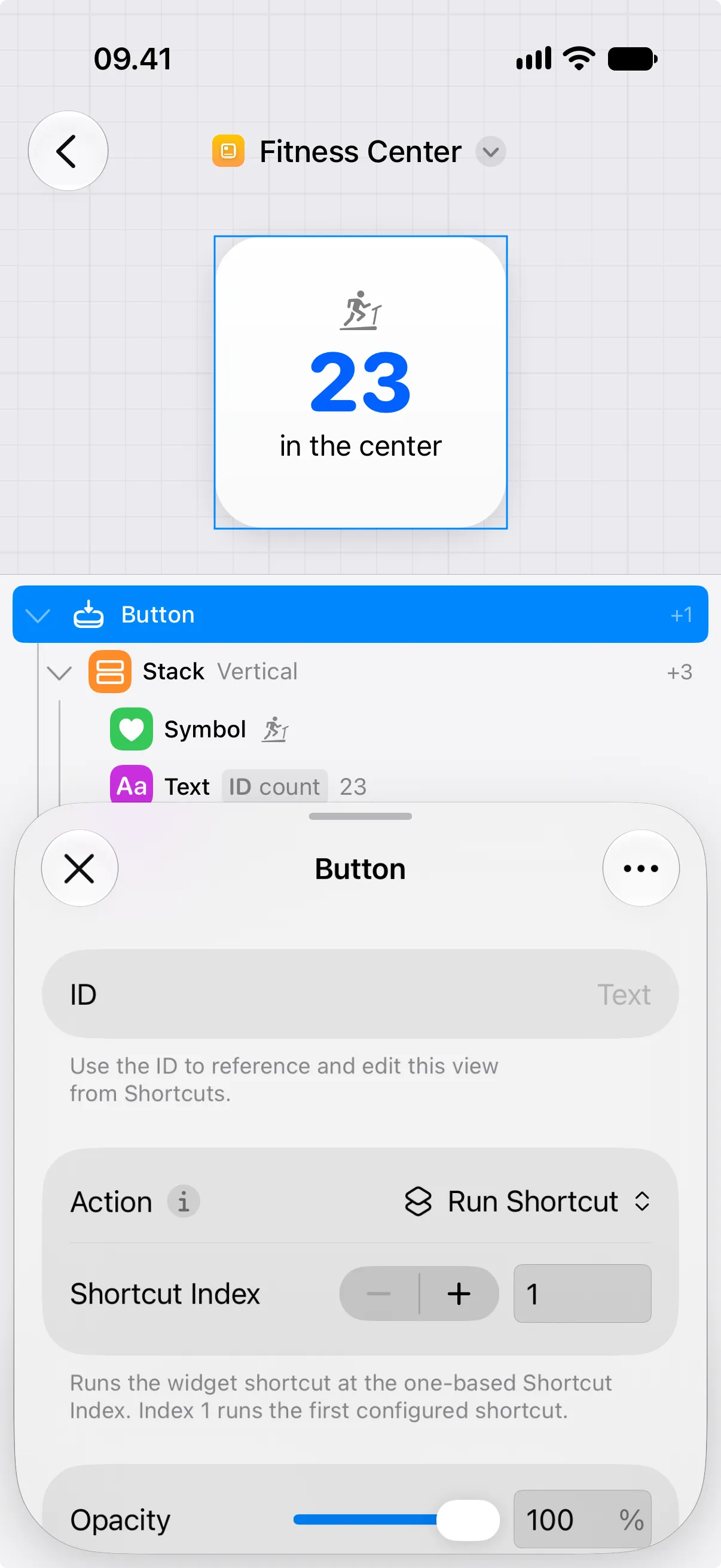 A selected button view in Canvases with Action set to Run Shortcut and Shortcut Index set to 1.