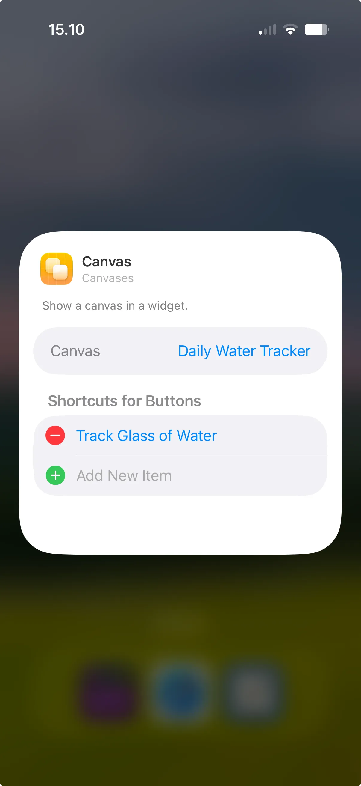 A Home Screen widget configuration sheet showing a Canvases widget with one shortcut assigned under Shortcuts for Buttons.