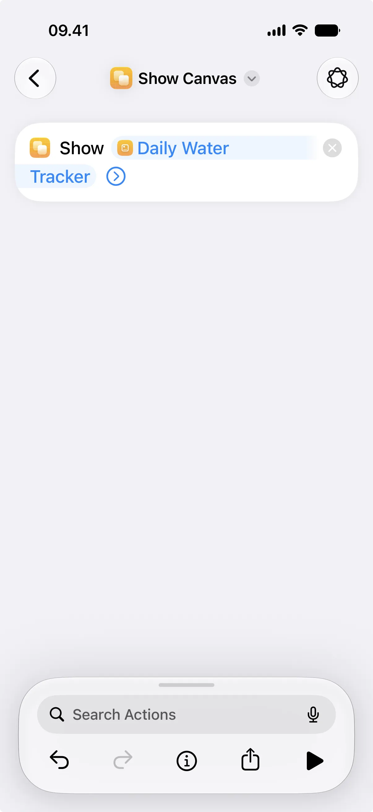 A Show Canvas action displaying a canvas in the Shortcuts result sheet.