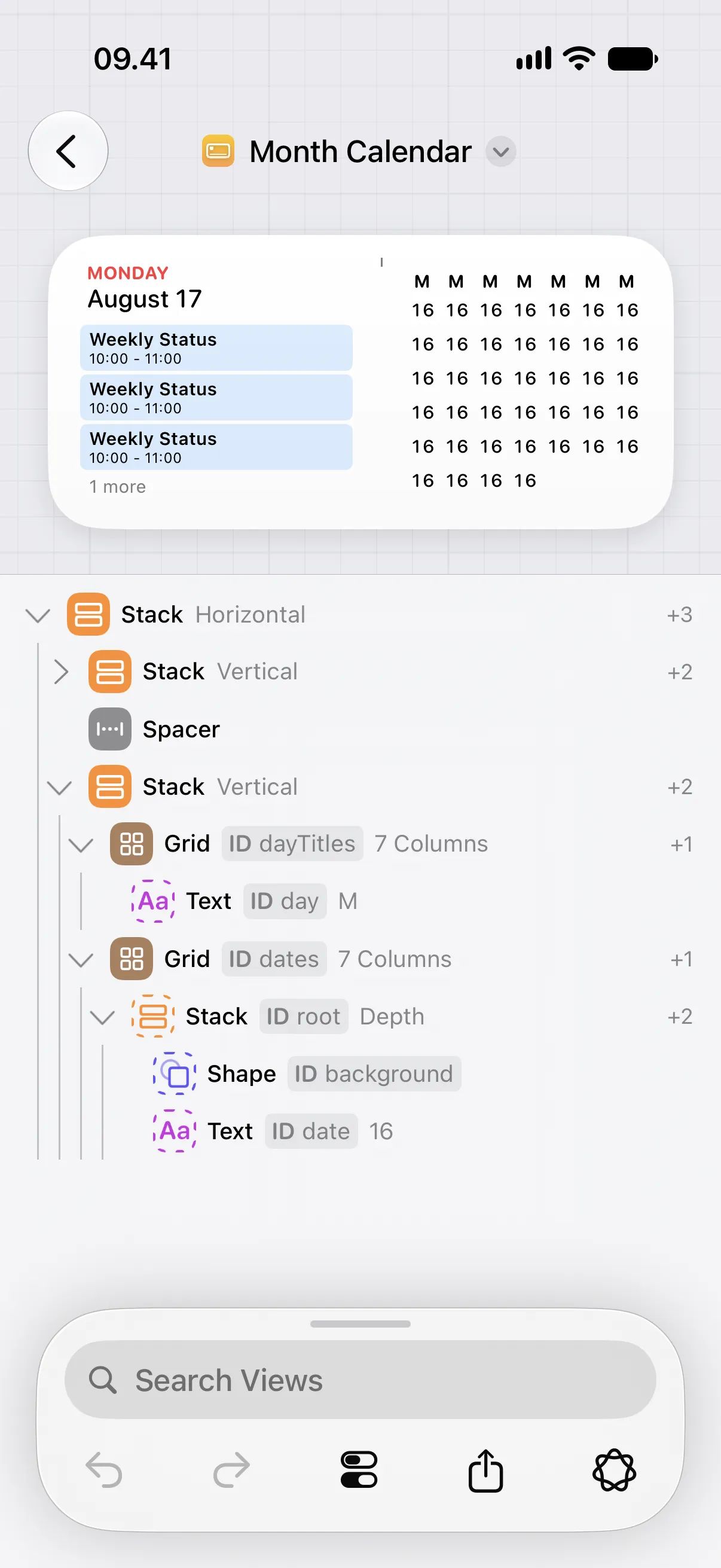 A month calendar canvas showing template children with dashed-outline icons in the view list.