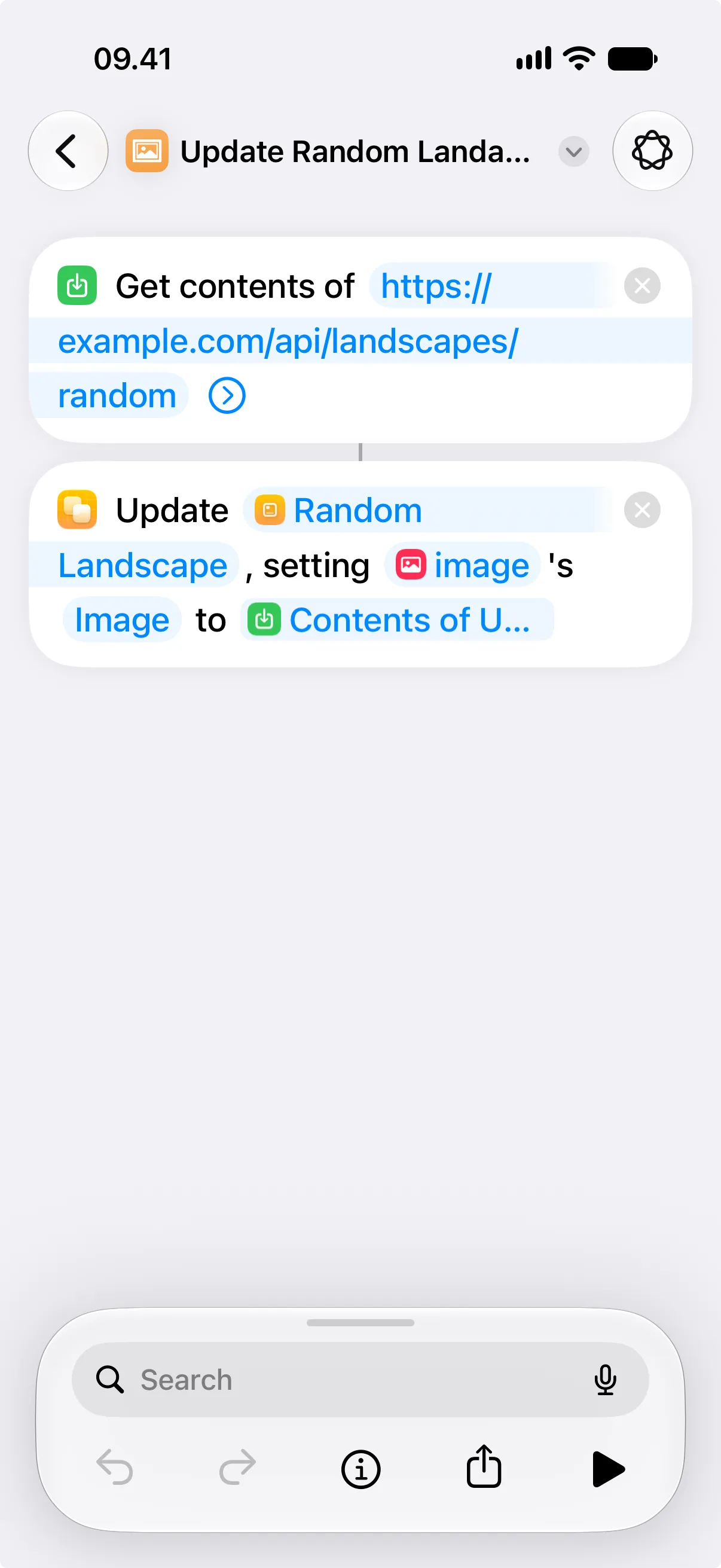 A Shortcuts workflow where Get Contents of URL passes its output into the Image field of an Update View action.